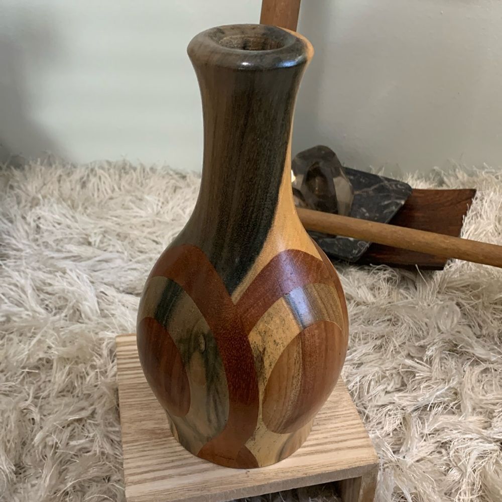 Decorative Handcrafted Wooden Vase Unsigned Made With Multiple Varieties Of Wood